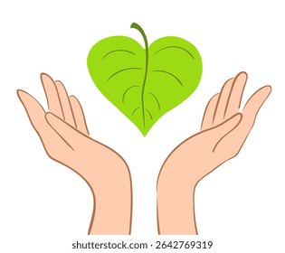 Hands protect a bright green leaf. Vector conceptual illustration. Ecology and conservation. Hand drawing, not AI.