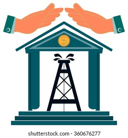 Hands protect the building the oil rig. Petroleum exchange. Protectionism. Protection from price growth. Oil production.