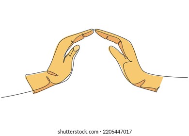 Hands protect. Continuous one line drawing of hand gesture protection minimalist vector illustration design on white background. Isolated simple line modern graphic style. Hand drawn graphic concept