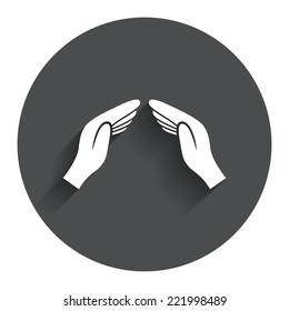 Hands protect cover sign icon. Insurance symbol. Human helping palms. Circle flat button with shadow. Modern UI website navigation. Vector