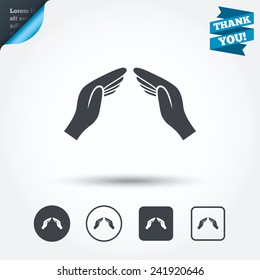 Hands protect cover sign icon. Insurance symbol. Human helping palms. Circle and square buttons. Flat design set. Thank you ribbon. Vector