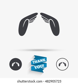 Hands protect cover sign icon. Insurance symbol. Human helping palms. Flat icons. Buttons with icons. Thank you ribbon. Vector