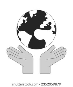 Hands protect earth flat monochrome isolated vector object. Editable black and white line art drawing. Simple outline spot illustration for web graphic design