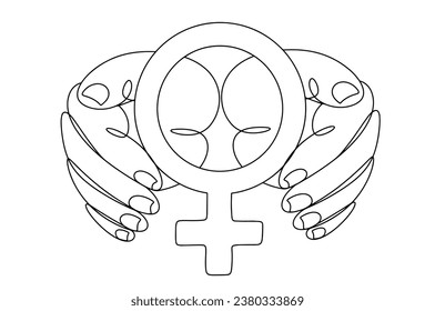 Hands protect the female symbol. One line drawing for different uses. Vector illustration.