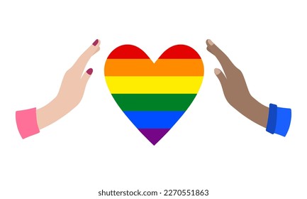 Hands protect a gay heart in the colors of the LGBT flag. Pride Month