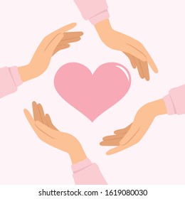 Hands protect heart, pink color with shape of heart concept.