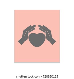 Hands protect the heart Vector black icon on color sticker. Material design