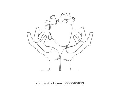 Hands protect the heart. World heart day one-line drawing