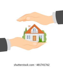 Hands protect home. Concept of house insurance, protection and safety. Insurance agency.