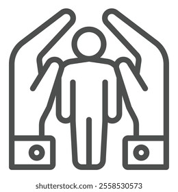 Hands protect human line icon, life savior day concept. Vector graphics. Man inside hands care sign on white background, outline style icon for mobile or web design