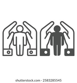 Hands protect human line and solid icon, life savior day concept. Vector graphics. Man inside hands care sign on white background, outline style icon for mobile or web design