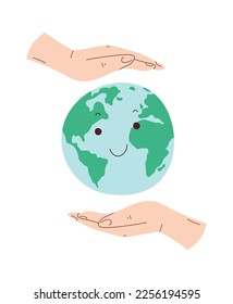 Hands protect planet flat icon Earth day. Vector illustration