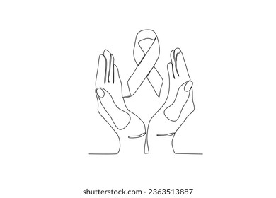 Hands protect the ribbon of consciousness. World AIDS day one-line drawing