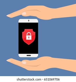 Hands with protect smartphone mobile with shield key lock on screen. Vector illustration customer service care support concept.