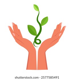 Hands protect the sprout of the plant. Nature's defence. Flat style.