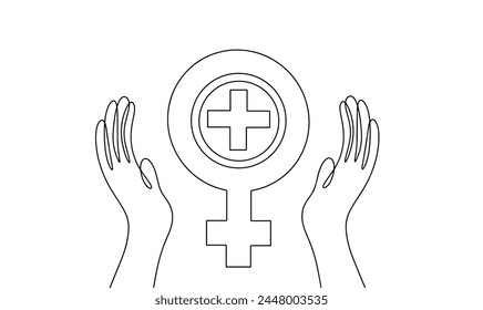 Hands protect the symbol of the female gender. Inside the female symbol there is a sign of medicine. International Day of Action for Women's Health. Vector illustration.