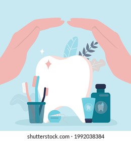 Hands protect tooth from disease. Various tools for oral hygiene. Concept of dental insurance and healthcare. Dental care and protection. Toothbrush, paste and dental floss. Flat vector illustration