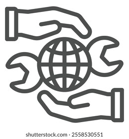 Hands protect world globe with wrench line icon, world labor day concept. Vector graphics. Hard work sign on white background, outline style icon for mobile or web design