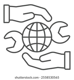 Hands protect world globe with wrench thin line icon, world labor day concept. Vector graphics. Hard work sign on white background, outline style icon for mobile or web design