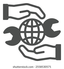 Hands protect world globe with wrench solid icon, world labor day concept. Vector graphics. Hard work sign on white background, glyph style icon for mobile or web design