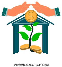 Hands protect a young tree with gold coins. The increase of income in the Bank, investments. Cash Deposit in dollars.
