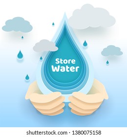 Hands protected to water drop in paper cut on rainy weather background for Store Water concept. 