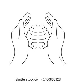Hands protecting a brain. Line art on white background.