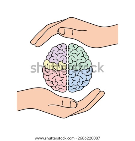 Hands protecting a colorful brain. Concept of mental health care, self-care, and wellness. Vector illustration for psychology, therapy, and brain health support.

