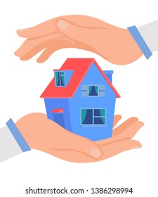 Hands Protecting Cottage, Flat Vector Illustration. Realty Insurance Business. Estate Property Care Metaphor. Financial Protection Agency, Building Warranty, Safety Assurance Service.
