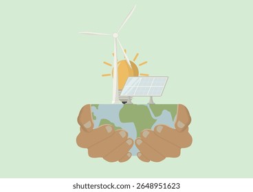 Hands Protecting Earth With Renewable Energy Sources. planet Earth with solar panels and wind turbines symbolizing environmental care and sustainable energy solutions. Vector illustration