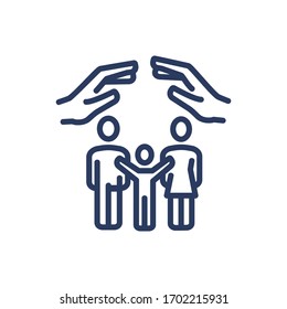 Hands protecting family thin line icon. Insurance and family protection concept. Mother, father and child isolated outline sign. Vector illustration symbol element for web design and apps