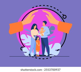 Hands protecting family with two children. Young couple of parents holding baby, standing together under human palms. For family safety, state protection, assistance, care concept