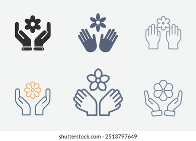 Hands protecting a flower icon set. Colorful vector icon set of hands protecting a blooming flower, representing care, growth, and nature. Perfect for eco-friendly designs.