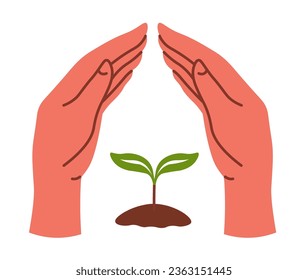 Hands protecting growing plant, isolated icon of ecology awareness and protection. Care and sustainability, environmental preservation of nature and assistance, logotype. Vector in flat style 