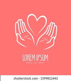 Hands protecting heart. Charity, donation vector logo or symbol