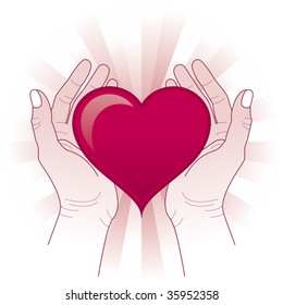 Hands protecting the heart. Heart in hands concept. Vector illustration.
