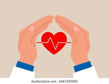 Hands protecting the heart. Health insurance. Protection concept, care medical, healthcare.  Flat Vector illustration.