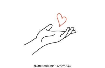 Hands protecting the heart. Line drawing vector illustration.