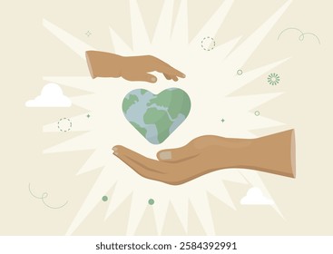 Hands Protecting Heart-Shaped. Earth Vector Illustration. hands cradling a heart-shaped Earth. Earth day concept. Protect futures generations. Child hand. Flat style. Vector illustration.