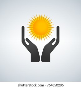 Hands protecting holding sun icon vector illustration
