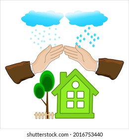 Hands protecting house from danger isolated on white background. Concept of security of property. Protection from danger, providing security. House insurance business service icon. Vector illustration