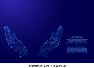 Hands protecting human hands supporting from futuristic polygonal blue lines and glowing stars for banner, poster, greeting card. Vector illustration.