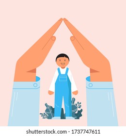 Hands protecting kid. Vector illustration concept for parenting, motherhood, upbringing, taking care about children