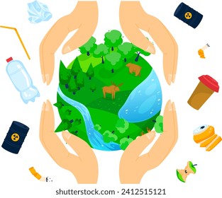 Hands protecting nature with forest and wildlife. Environmental conservation and Earth care. Pollution prevention and green planet vector illustration.