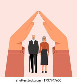 Hands protecting old couple. Vector illustration concept for isolating older people, charity, helping, supporting, taking care about parents