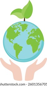 Hands protecting planet Earth with green leaves
