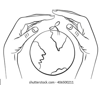 the hands protecting the planet. sketch