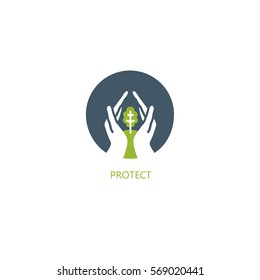 Hands protecting tree - abstract design element. Ecology environment symbol in circle on white background in vector.