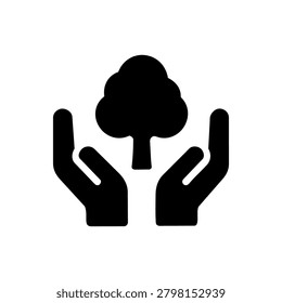 Hands protecting tree icon representing sustainable forestry environmental care ecology conservation and green initiatives.