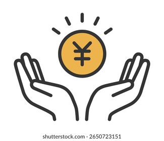 Hands Protecting Yen Coin Icon – Financial Safety, Savings, and Budget Planning Illustration